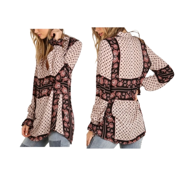 Free People Tops - FREE PEOPLE Tan Boho Changing Times Printed Long Sleeve Blouse Tunic Large